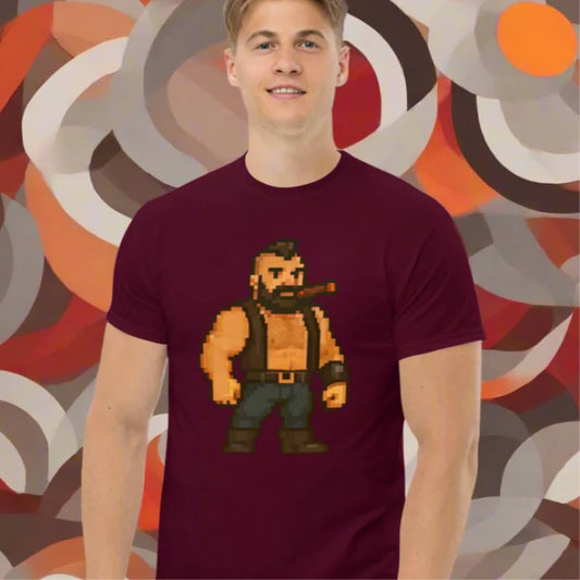 Man in maroon Cigar Smoking Daddy Gay T-Shirt with pixel art of smoking daddy gay style
