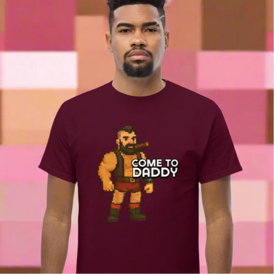 Maroon T-shirt with pixelated character from COME TO DADDY cigar smoking BDSM collection, perfect for doggy styled clothing lovers