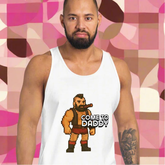White Men’s Tank Top with pixelated bearded man smoking cigar and COME TO DADDY text