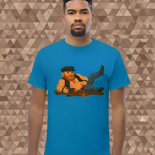 Blue T-shirt with pixelated man graphic featuring doggy styled bear skin rug design