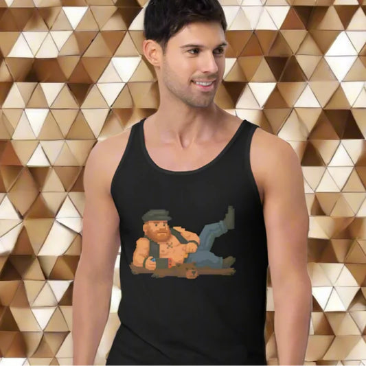 Black tank top with pixelated man, perfect for Cub Gaymer Seduction and gaymer seduction vibes