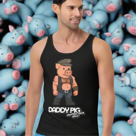 Black daddy pig control tank top with pixelated pig design, part of doggy styled clothes collection