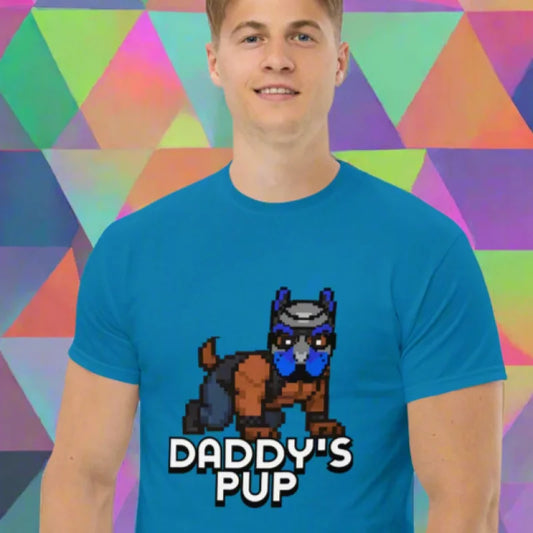 Light blue pup play T-shirt with pixelated doggy styled cartoon wearing a mask