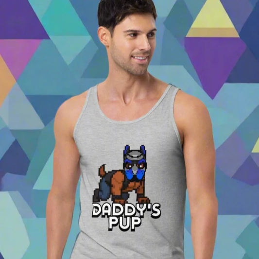 Man in grey tank top with pixelated dog graphic, perfect for doggy styled pup play