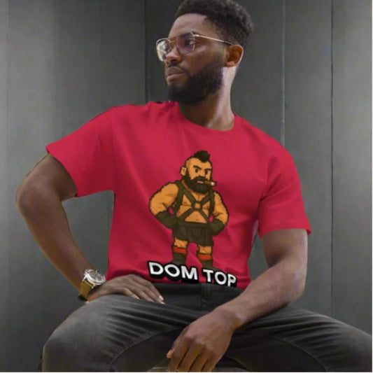 Red T-shirt with cartoon character, perfect gay top T-shirt for Dom enthusiasts