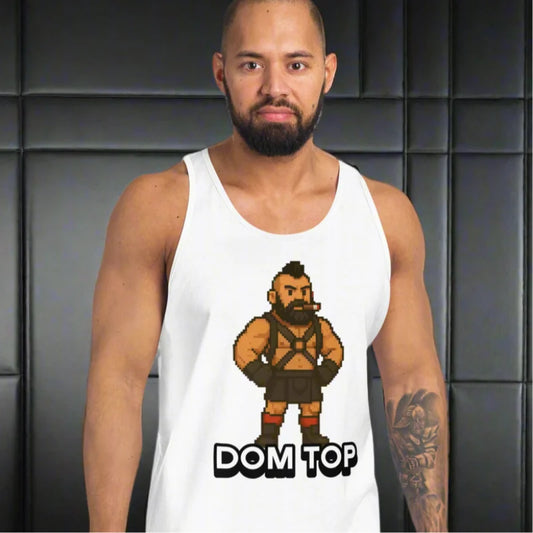 White naughty gay tank top with cartoon design for gay dom top and BDDM community