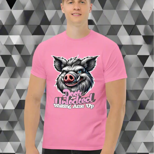 Pink T-shirt with boar graphic from Door Unlocked Waiting Arse Up gay cheeky tshirt collection