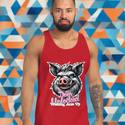 Red tank top with boar graphic, a cheeky gay tank top for anon gay sex fans