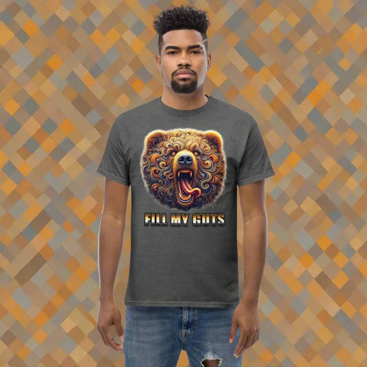 Gray FILL MY GUTS Hungry Bear Needs Feeding T-Shirt in a traditionally masculine shape