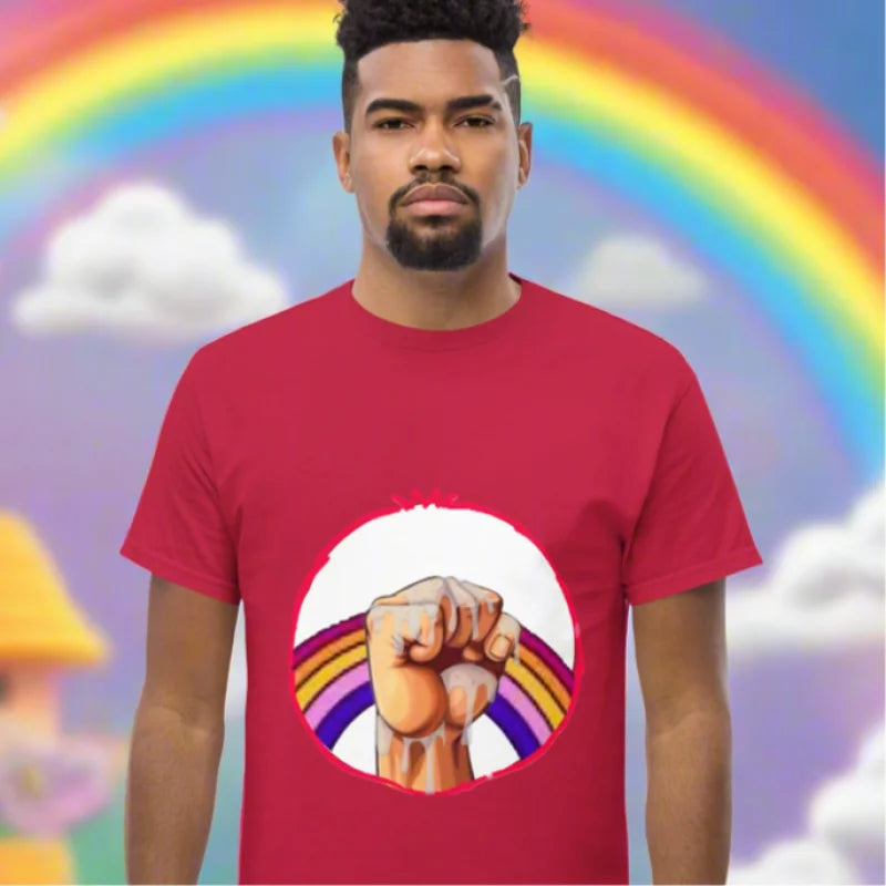 Red short-sleeved T-shirt with rainbow fist design for doggy styled cosplay, safe and comfy