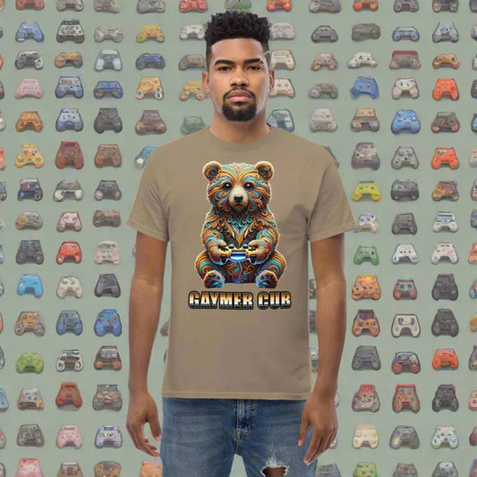 Man rocking a Gaymer Cub t-shirt with a bear gaming, perfect for rainbow pride lovers