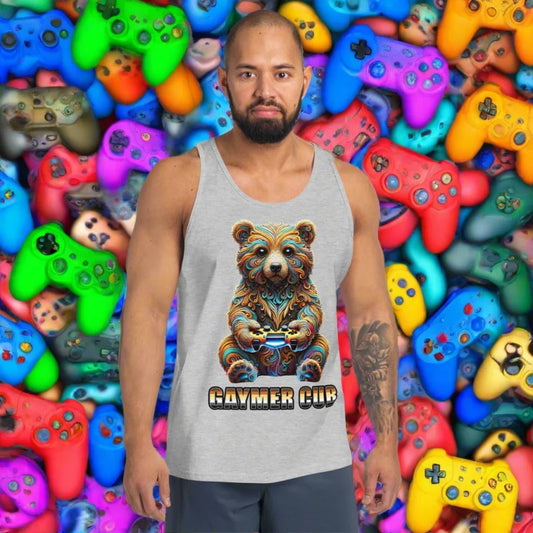 Gray sleeveless muscle t-shirt featuring a bear cub gamer design for doggy styled clothes