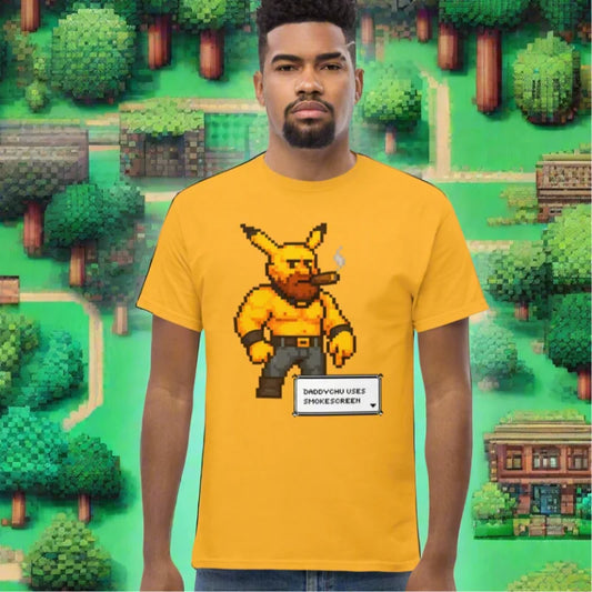 Yellow gaymer daddy Pikachu t-shirt with pixelated Pikachu and smokescreen BDSM classic design