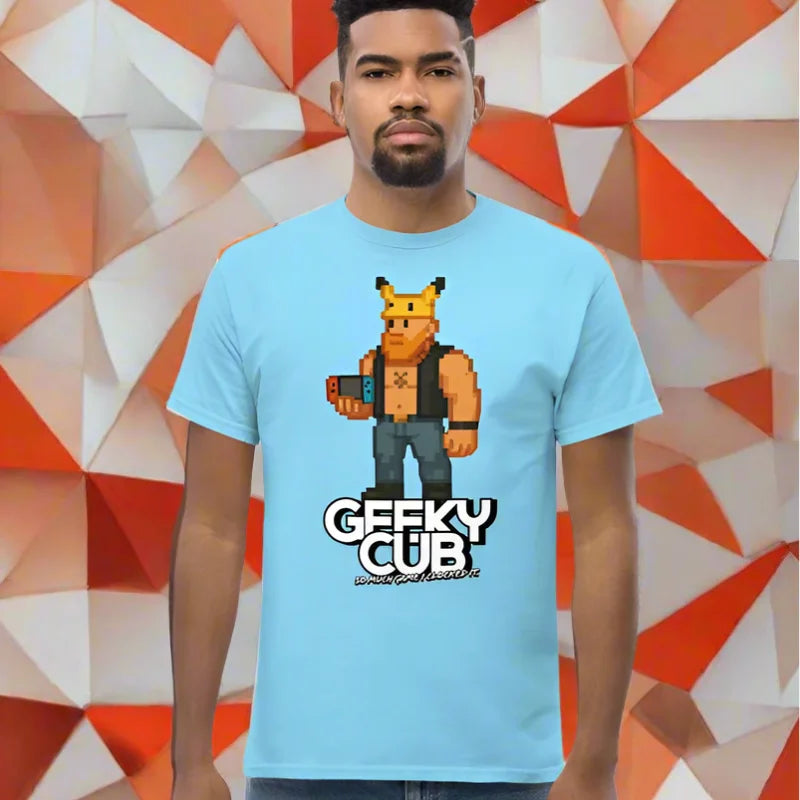 Light blue Geek Cub Gaymer 8=Bit pixel T-shirt with pixel character for doggy styled clothing