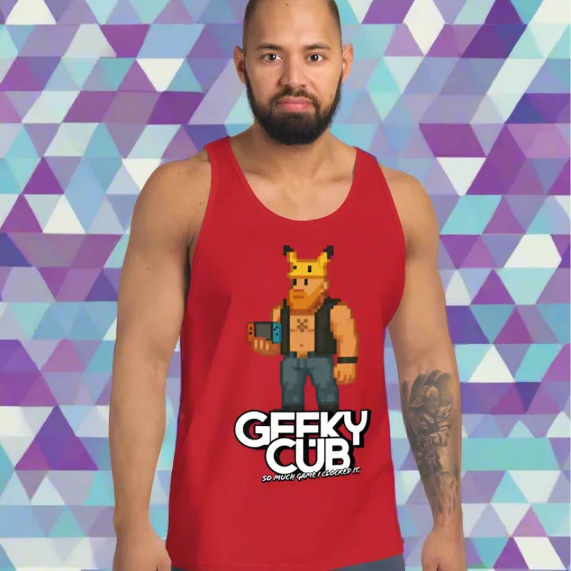 Red tank top with pixelated geek cub gaymer character from gaymer 8=bit line