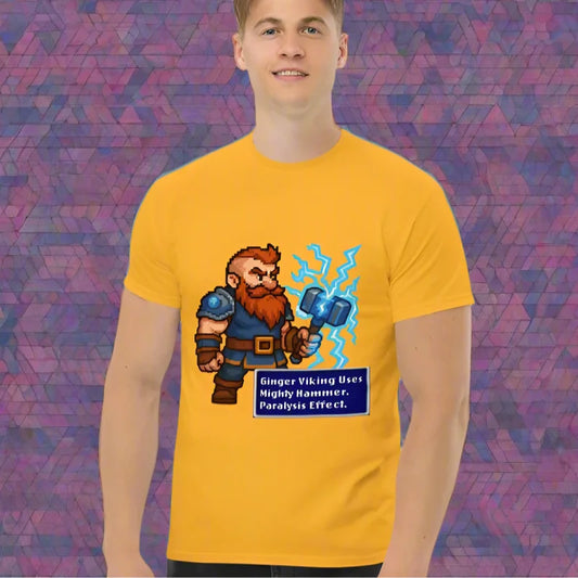 Yellow T-shirt with cartoon graphic for doggy styled clothing, geek cub gaymer style