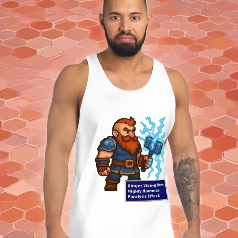 White tank top with cartoon dwarf, part of Ginger Viking 8-Bit Pixel Fetish scene