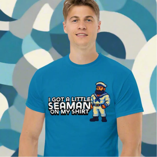 Blue sailor graphic T-shirt for cum lovers or semen on my tshirt fans, gay seaman vibe