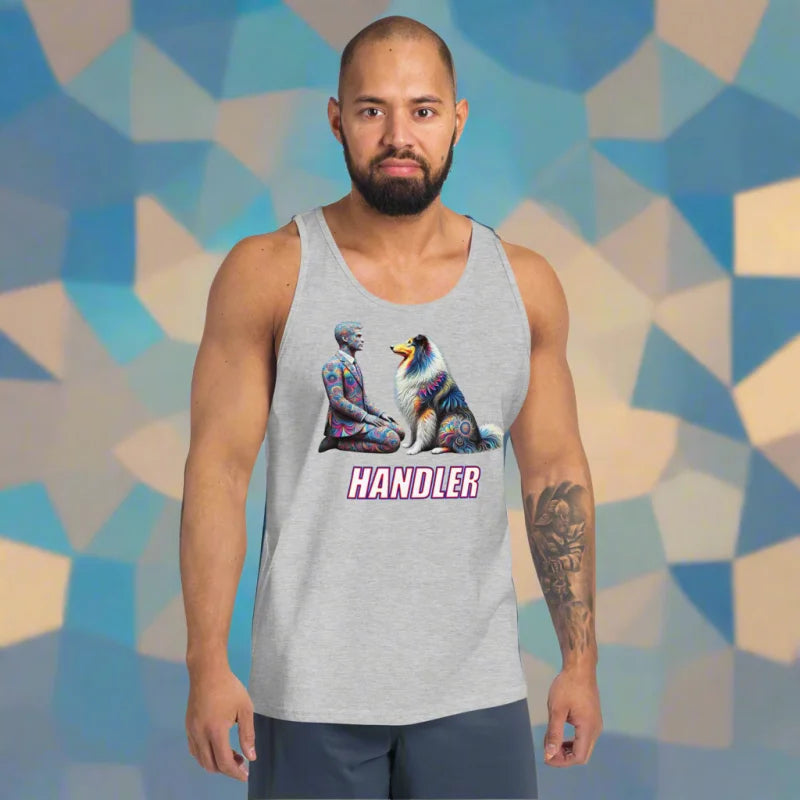 HANDLER Sitting with Pup Role Pride Tank Top - Unisex Tank Top - Doggy styled, He, He T-Shirts, LGBTQ + , Men’s Clothing