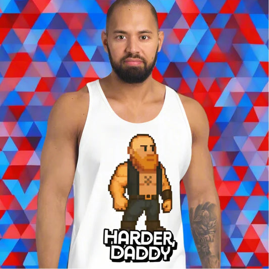 White dom daddy tank top with pixelated gay daddy character for BDSM fetish style