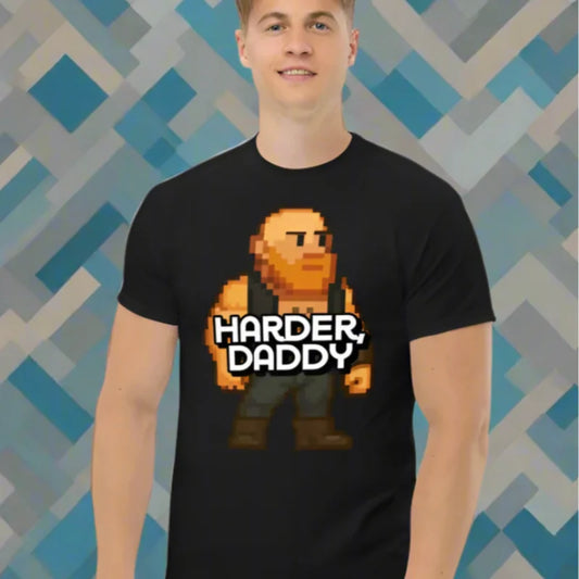 Black Harder Daddy Classic T-Shirt with doggy styled 8-bit pixel cub gaymer design