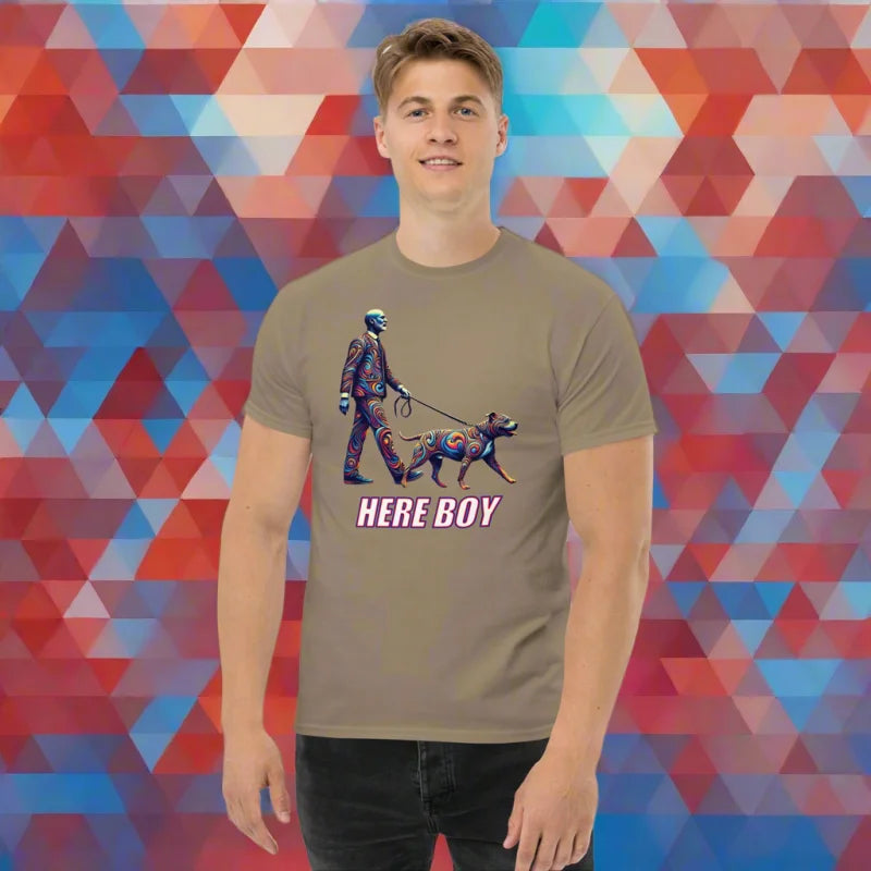 HERE BOY Pup Leashed Walk Classic T-Shirt - Unisex Classic Short Sleeve T-Shirt - Doggy styled, He, He T-Shirts, LGBTQ