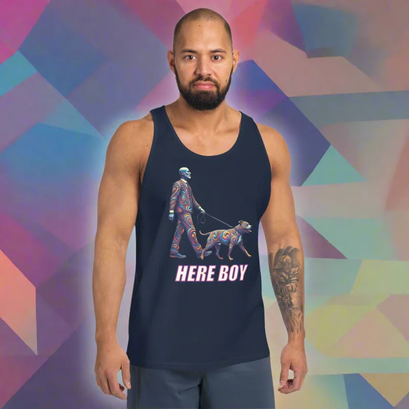 HERE BOY Pup Leashed Walk Tank Top - Unisex Tank Top - Doggy styled, He, He T-Shirts, LGBTQ + , Men’s Clothing