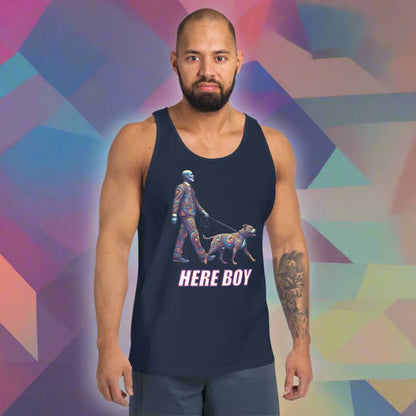 HERE BOY Pup Leashed Walk Tank Top - Unisex Tank Top - Doggy styled, He, He T-Shirts, LGBTQ + , Men’s Clothing