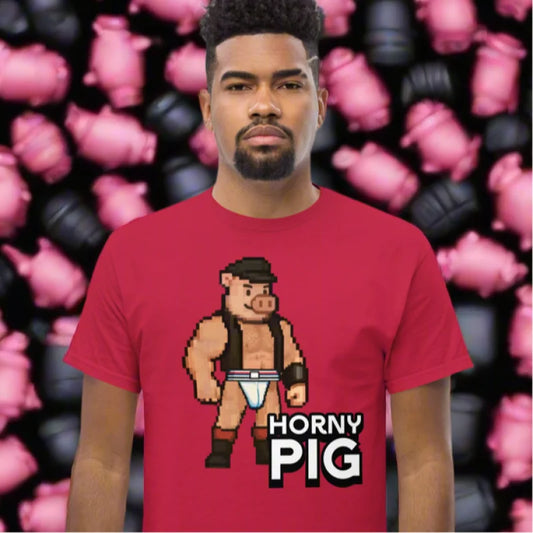 Red horny pig tshirt with pixelated pig design from HORNY PIG Deviant Piggy In Jockstrap T-Shirt
