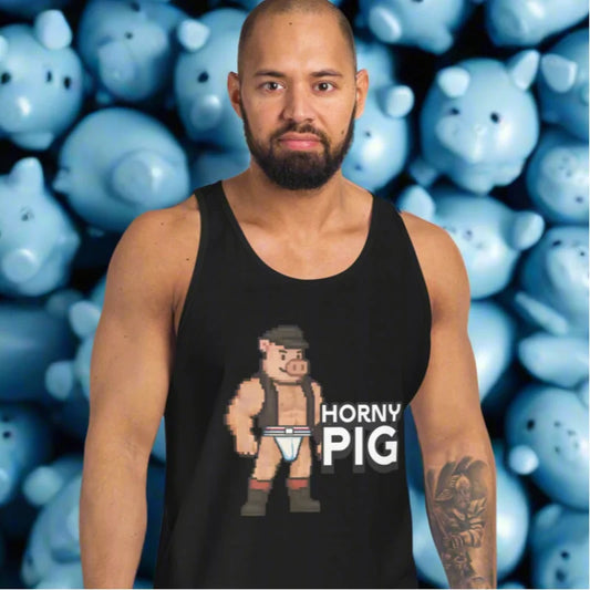 Black tank top with pixelated pig design from HORNY PIG, featuring doggy styled clothes and audited factories ensuring decent working conditions