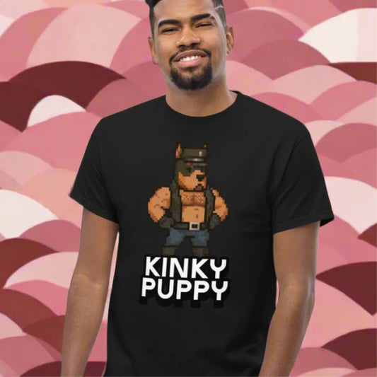 Black KINKY PUPPY T-Shirt with pixelated doggy styled clothing graphic for fucker pup play