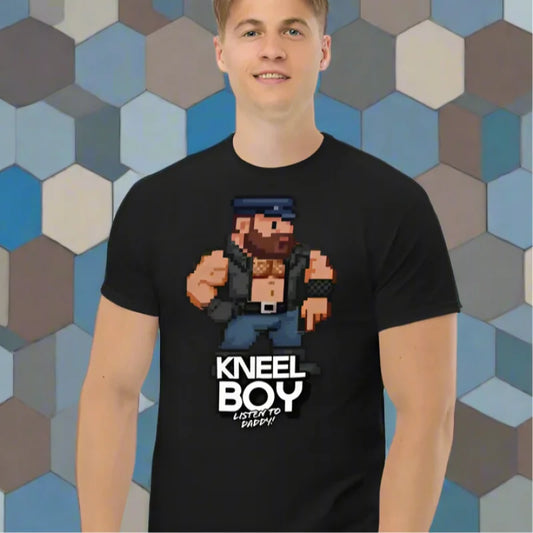Black T-shirt featuring pixelated kneel dom daddy character for BDSM Fetish fans