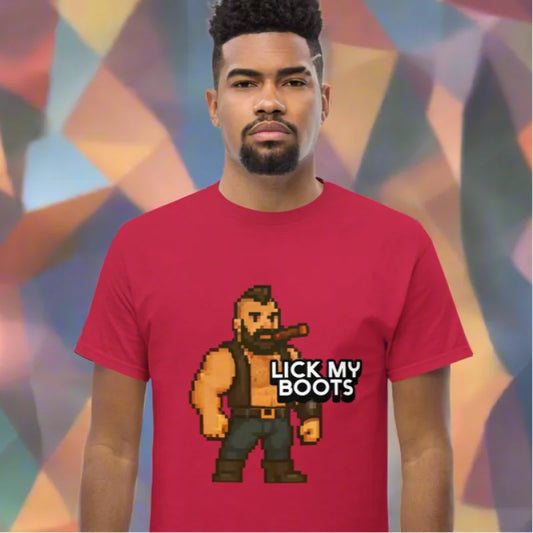 Red T-shirt with pixelated character from LICK MY BOOTS Dom Leather gay tshirt collection