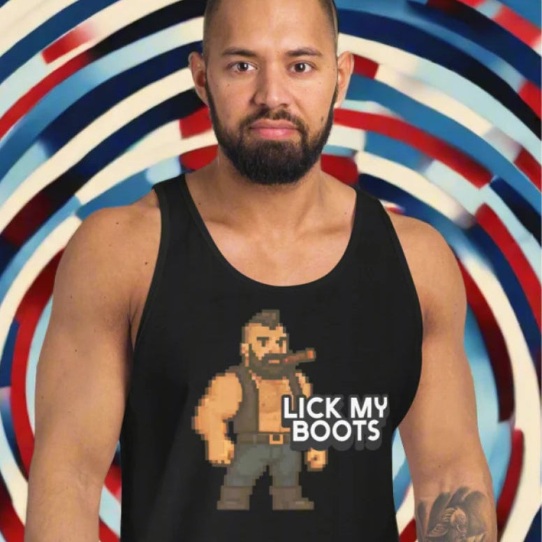 Black tank top with pixelated pup play character in LICK MY BOOTS Dom Leather style