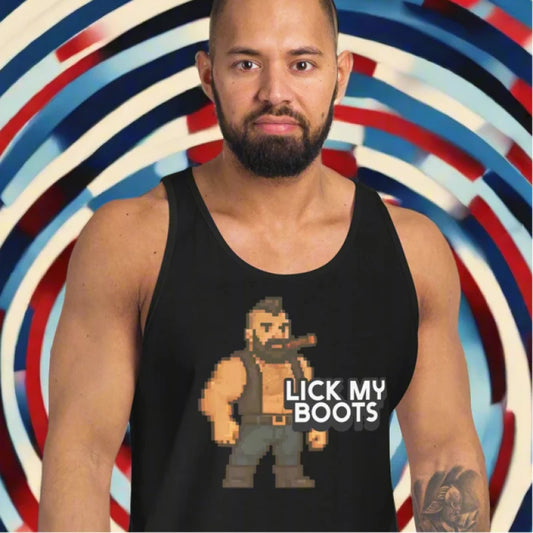 Black tank top with pixelated pup play character in LICK MY BOOTS Dom Leather style