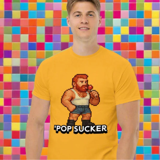 Yellow gay bear tshirt with pixelated cartoon design for kinky gay tshirts lovers