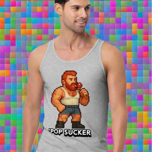 Gray tank top with pixelated cartoon for Oral Sex Gay or Gay Pop Sucker fans in doggy styled vibe