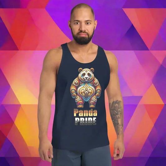 Man rocking a PANDA PRIDE Huggable Bear Slang Tank Top, representing the gay panda bear community