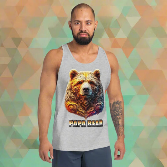 Gray sleeveless muscle t-shirt with bear design from PAPA BEAR, perfect for doggy styled clothes