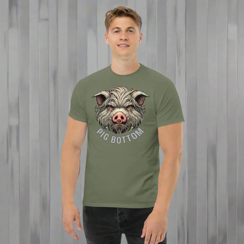 Olive green PIG BOTTOM t-shirt with pig graphic, perfect for doggy styled clothes lovers