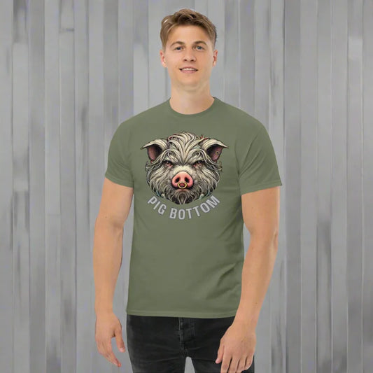 Olive green PIG BOTTOM t-shirt with pig graphic, perfect for doggy styled clothes lovers