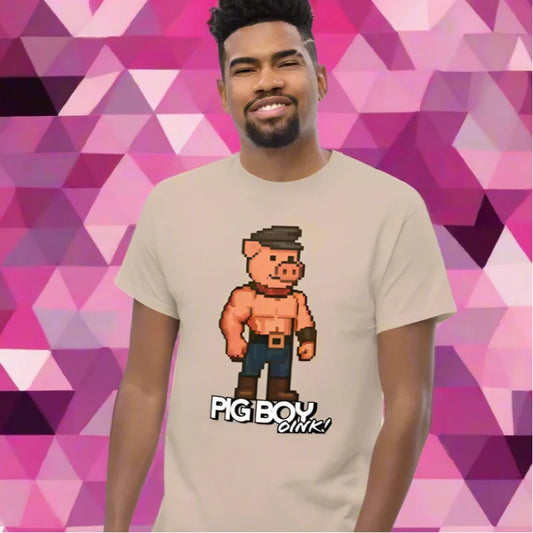Man wearing Pig Boy T shirt from fetish community featuring doggy styled clothing accessory
