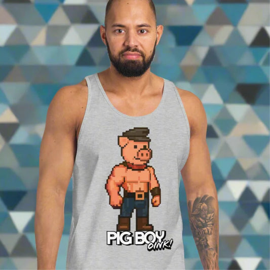 Gray tank top with pixel pig design from Pig Boy Oinktastic for BDSM Fetish Community