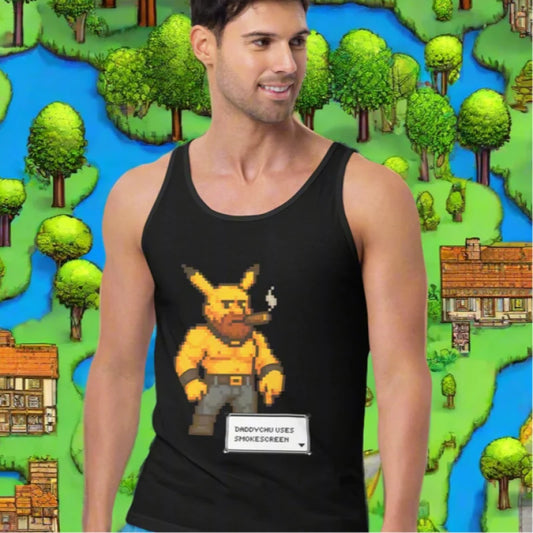 Black gaymer pokémon tank top with pixelated character for geeky bdsm style