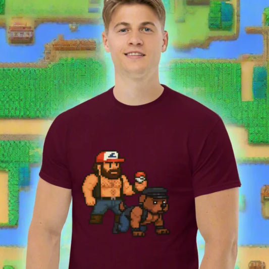 Smiling man in Poke Handler Chooses Omega Pup T-Shirt with doggy styled design