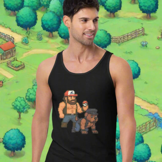 Black Poke Handler Chooses Omega Pup Tank Top with pixelated bearded man and dog design