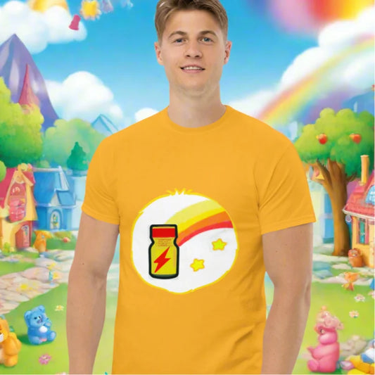Man in yellow Poppers Care Bear T-Shirt with bottle and stars, perfect gay cosplay tshirt