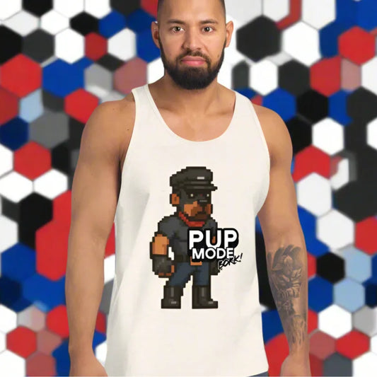 White tank top with 8-bit pixel dog graphic from Pup Play Mode ON, great for doggy styled clothes and gaymer 8-bit pixel fans