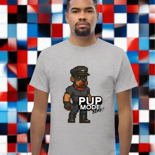 Gray pup play tank top with pixelated dog design, perfect for geek cub gaymer fans