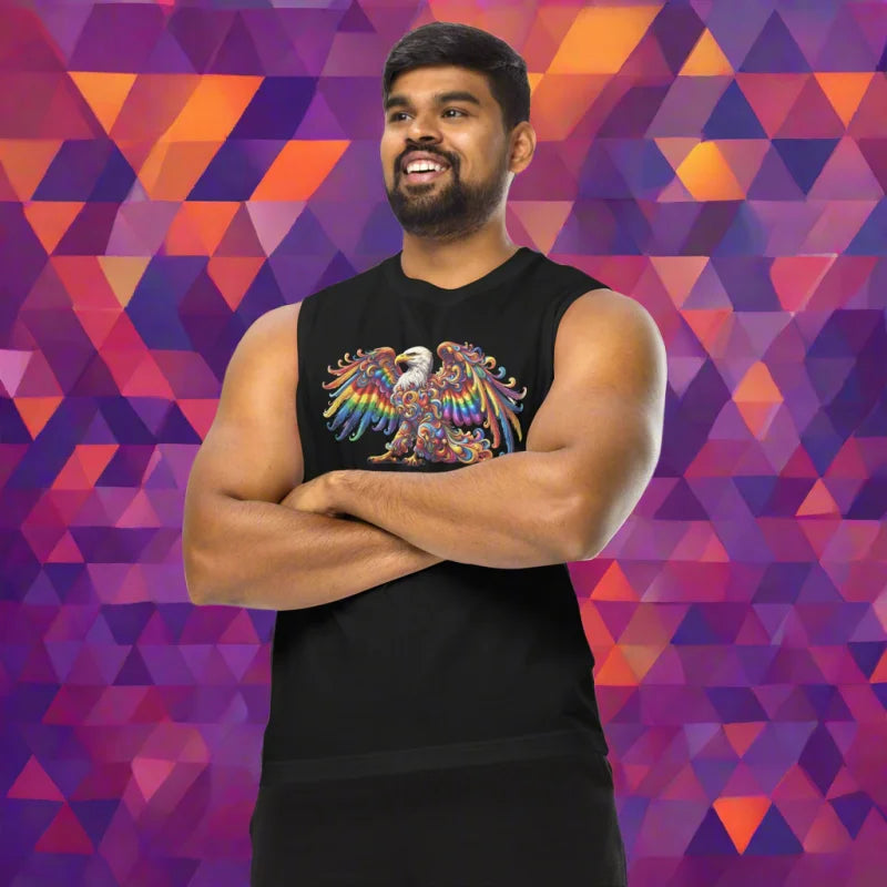 Rainbow Pride Flag American Bald Eagle Sleeveless Muscle T-Shirt - Unisex Muscle T-Shirt - Activist, Doggy styled,
